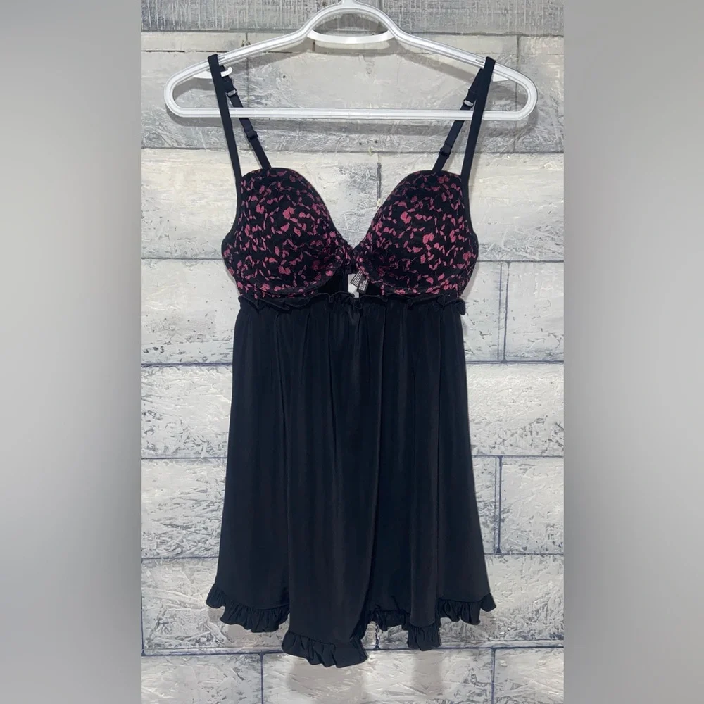La Senza Babydoll Lingerie Dress Black/Pink Medium Ruffled Hem - Picture 2 of 7